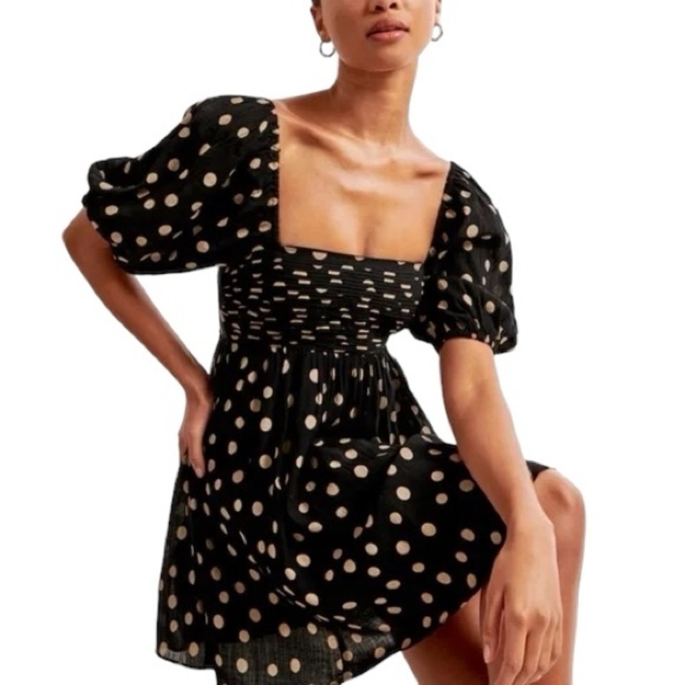 Abercrombie & Fitch Emerson Polka Dot Puffed Sleeves Ruched Mini Babydoll Dress